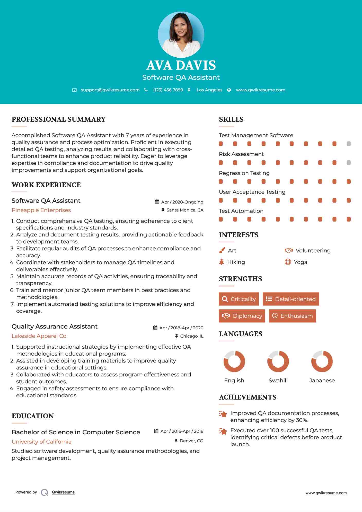 Software QA Assistant Resume Template