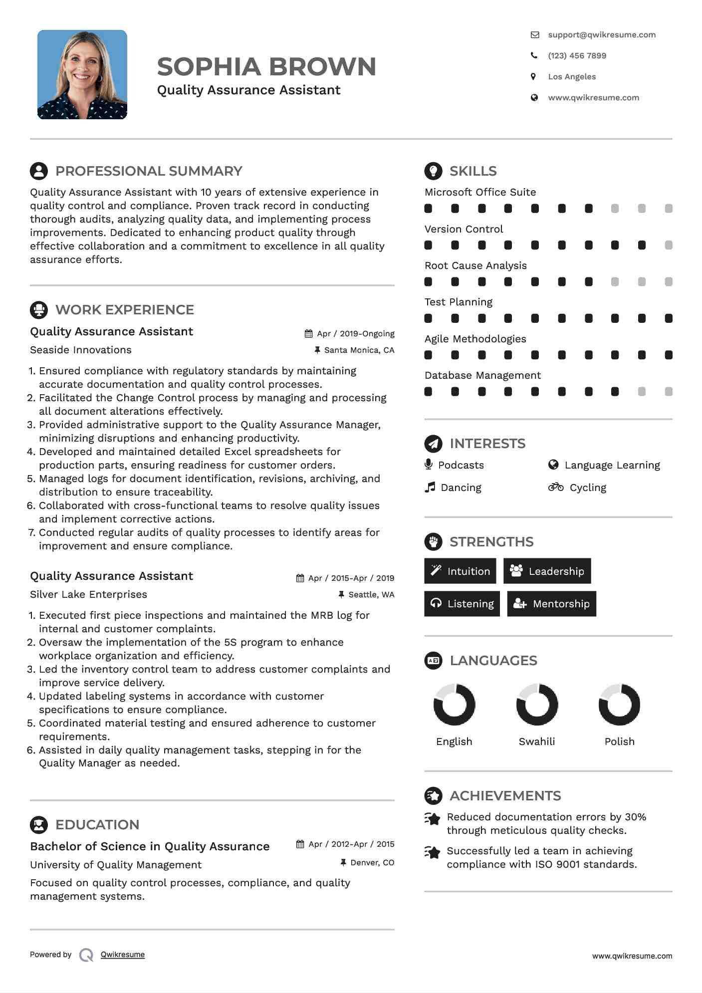 Quality Assurance Assistant Resume Format