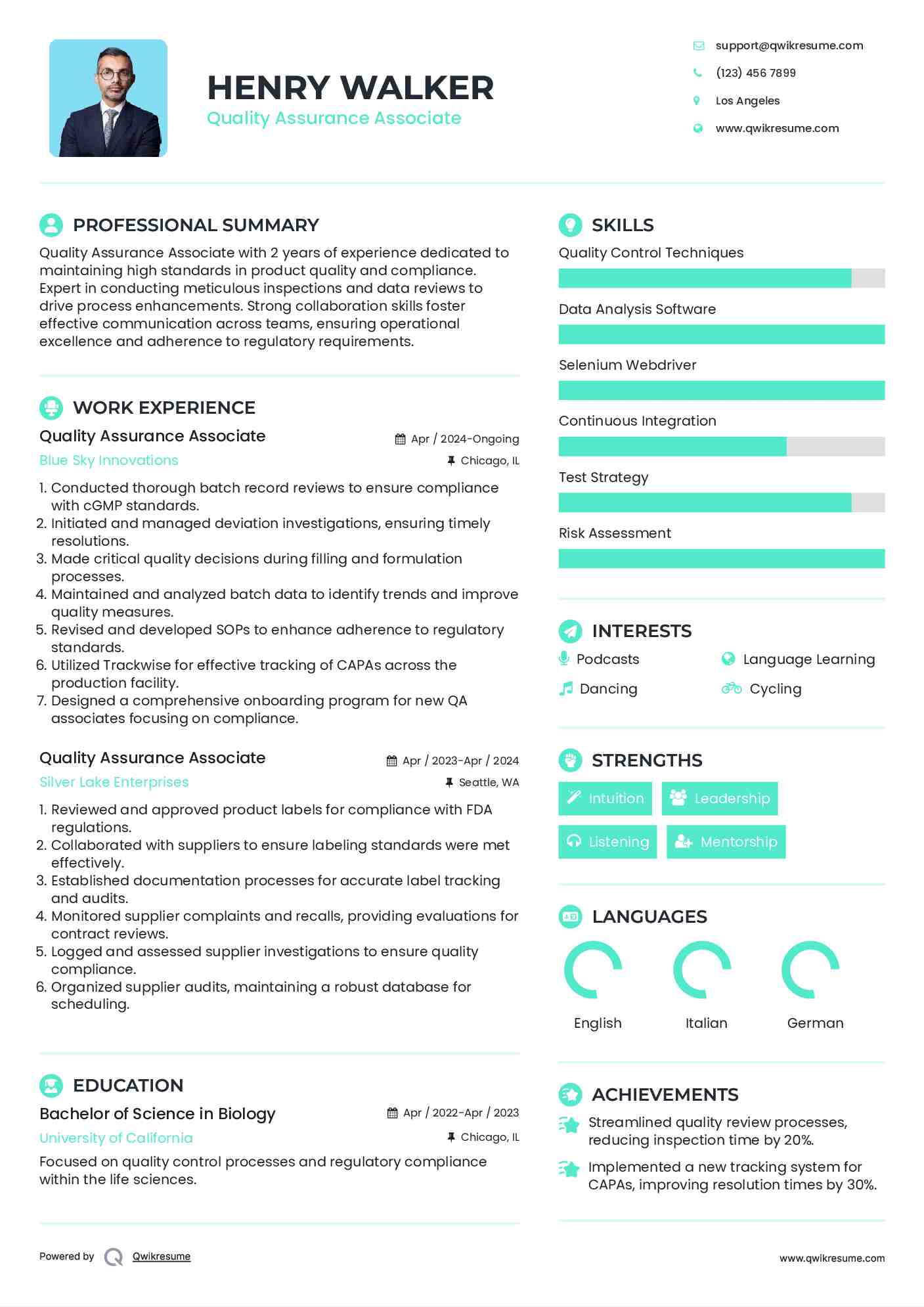 Quality Assurance Associate Resume Example