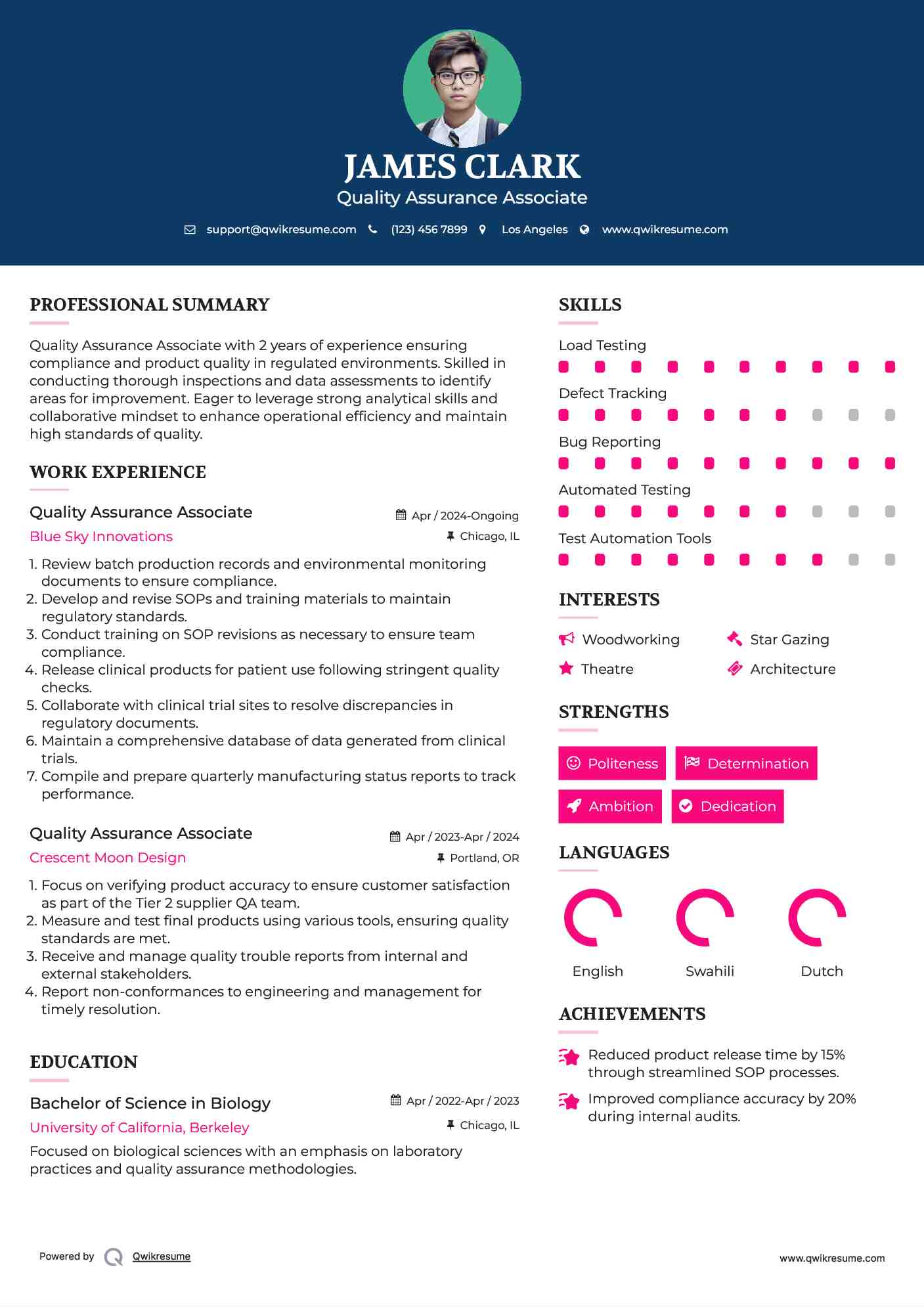 Quality Assurance Associate Resume Example