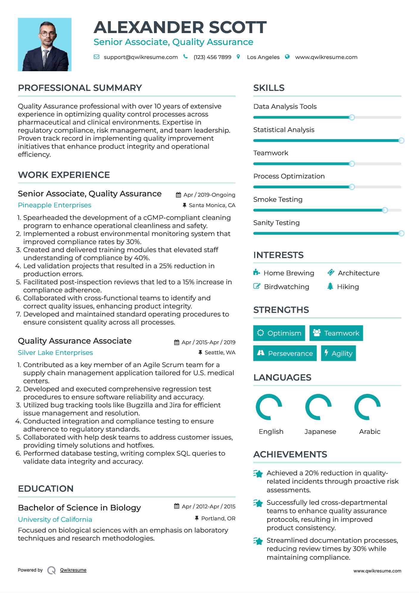 Senior Associate, Quality Assurance Resume Template