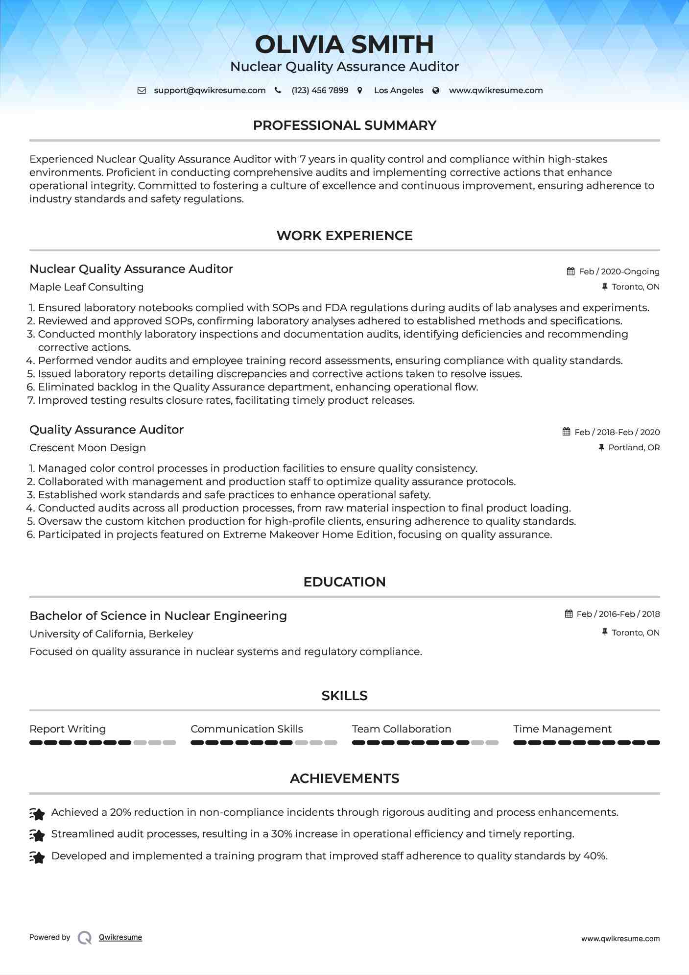 Nuclear Quality Assurance Auditor Resume Format
