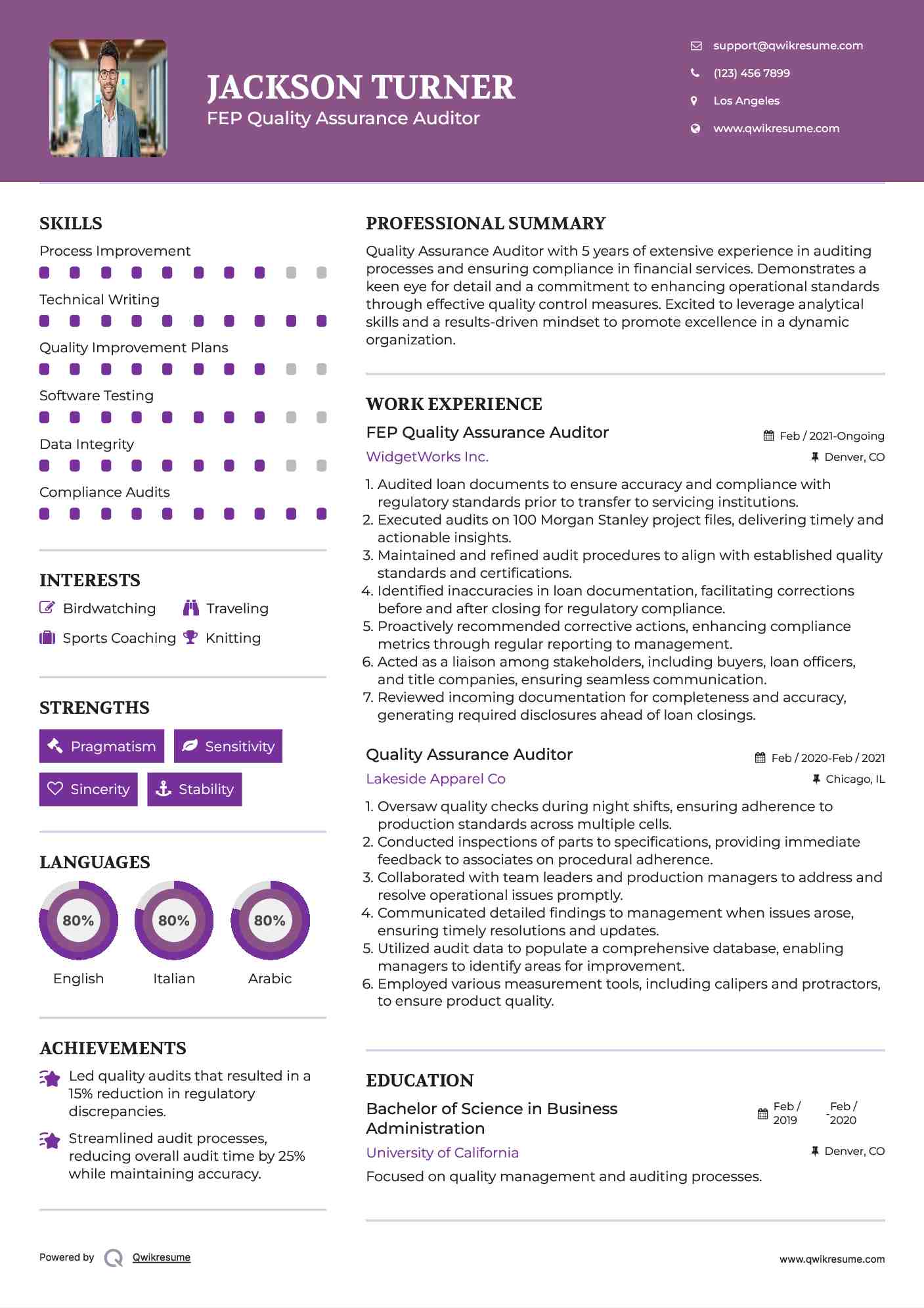  FEP Quality Assurance Auditor Resume Example
