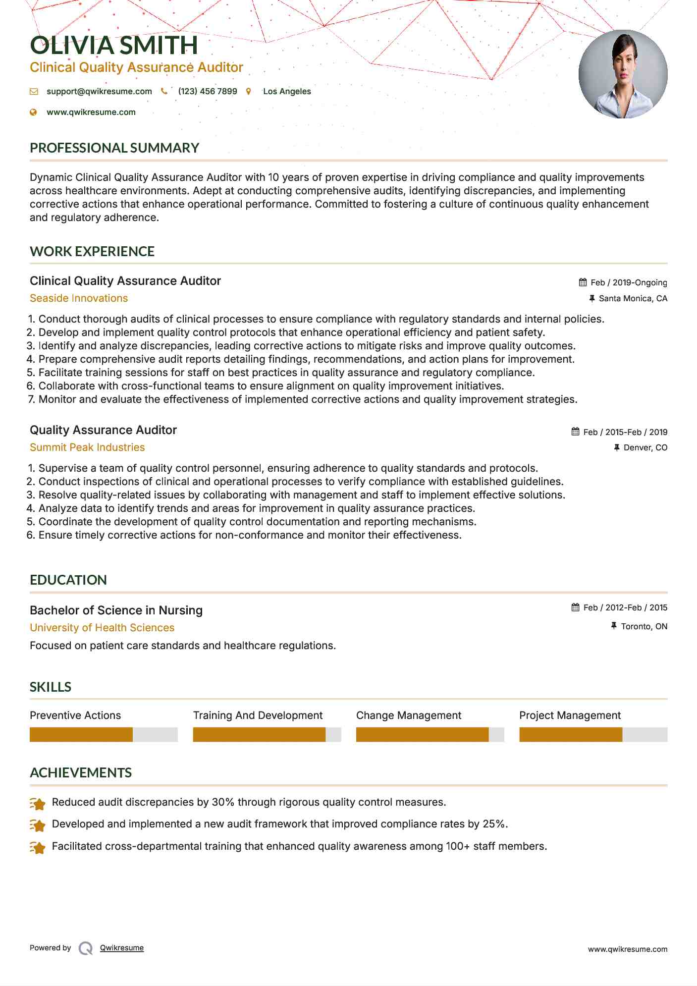 Clinical Quality Assurance Auditor Resume Template