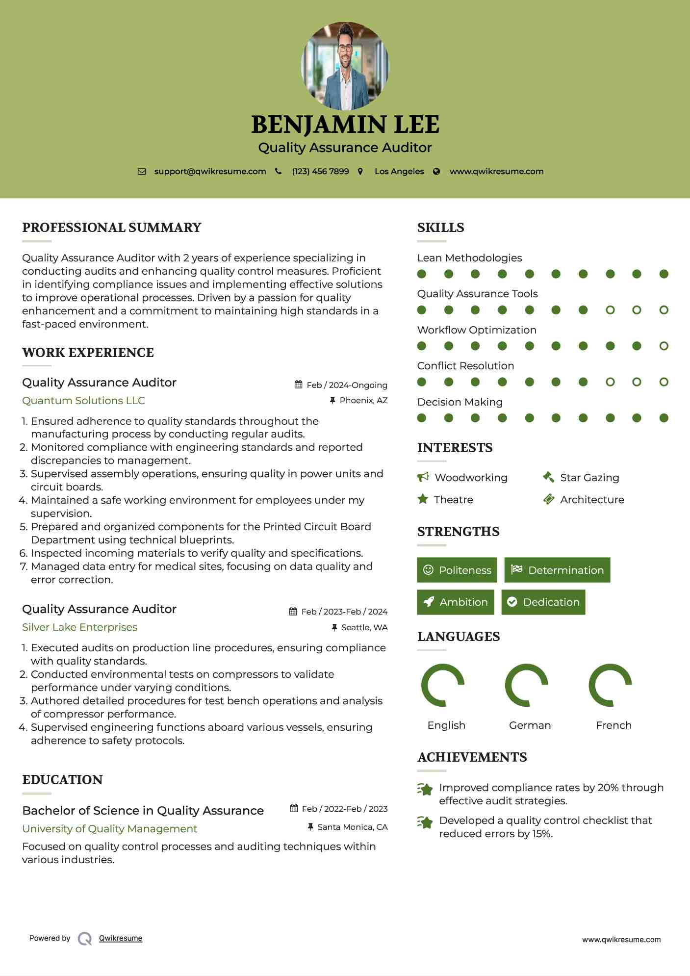 Quality Assurance Auditor Resume Sample