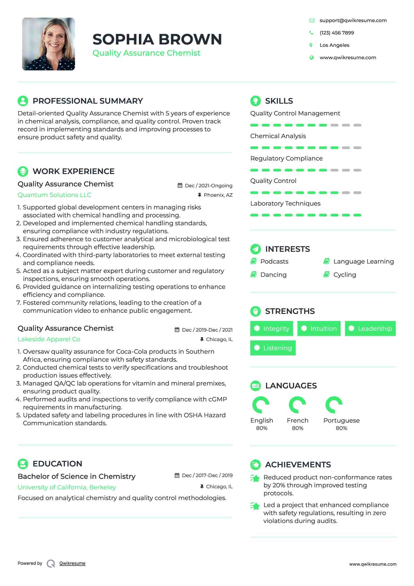 Quality Assurance Chemist Resume Model