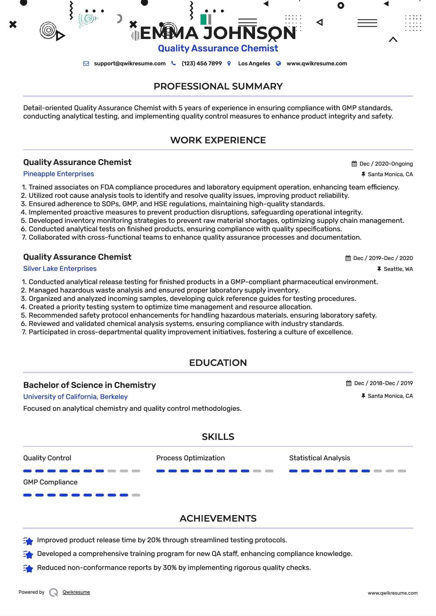 Quality Assurance Chemist Resume Model