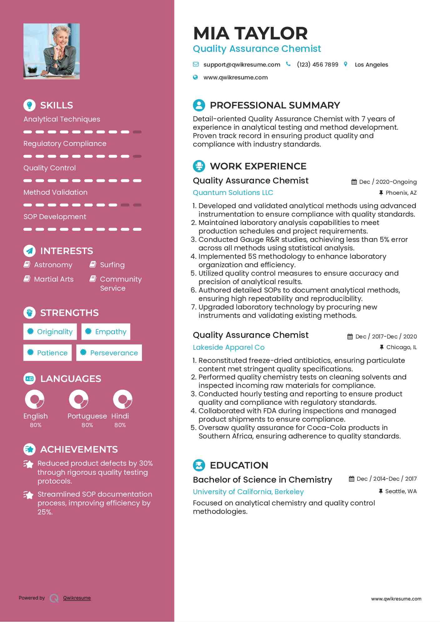 Quality Assurance Chemist Resume Example