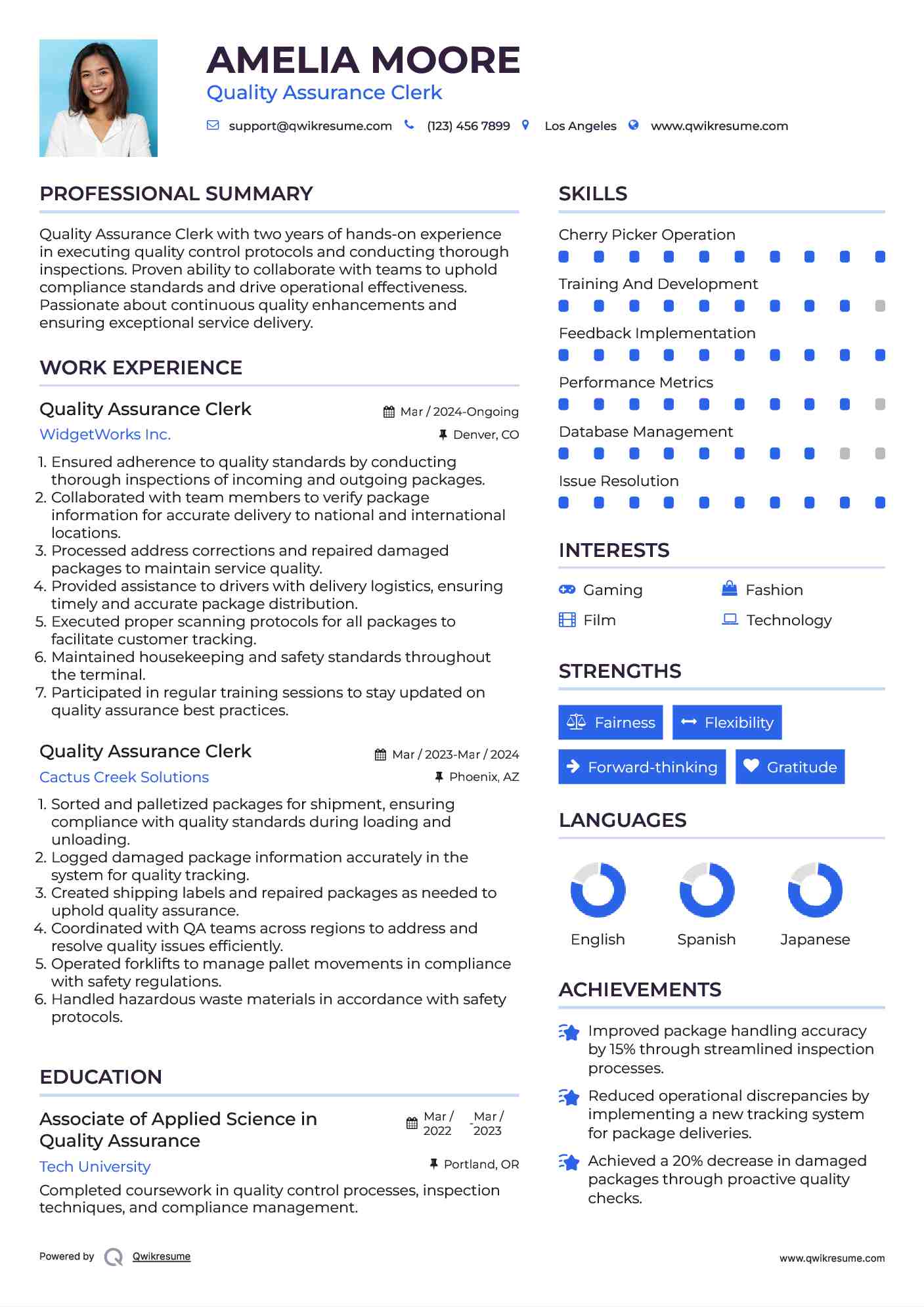 Quality Assurance Clerk Resume Example