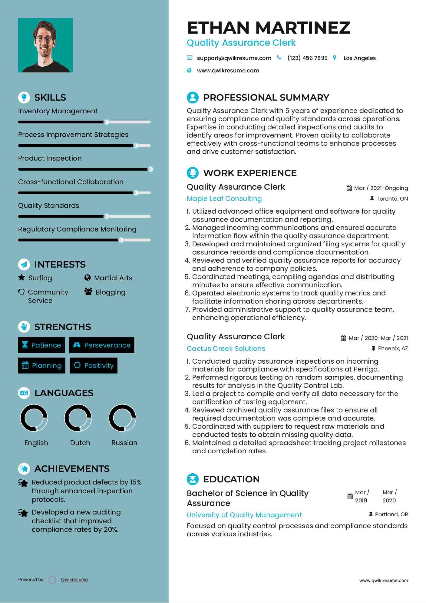 Quality Assurance Clerk Resume Template