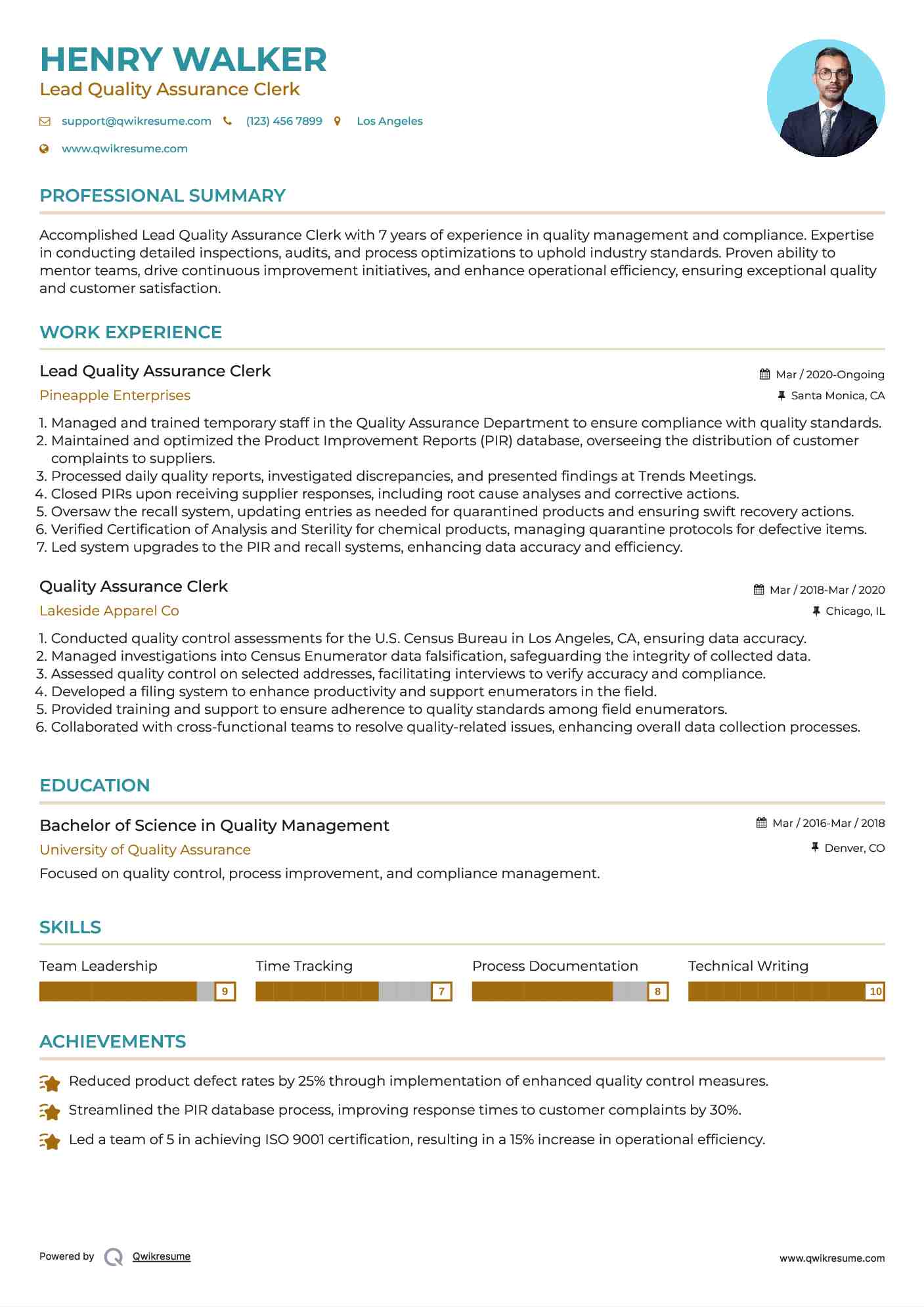 Lead Quality Assurance Clerk Resume Template