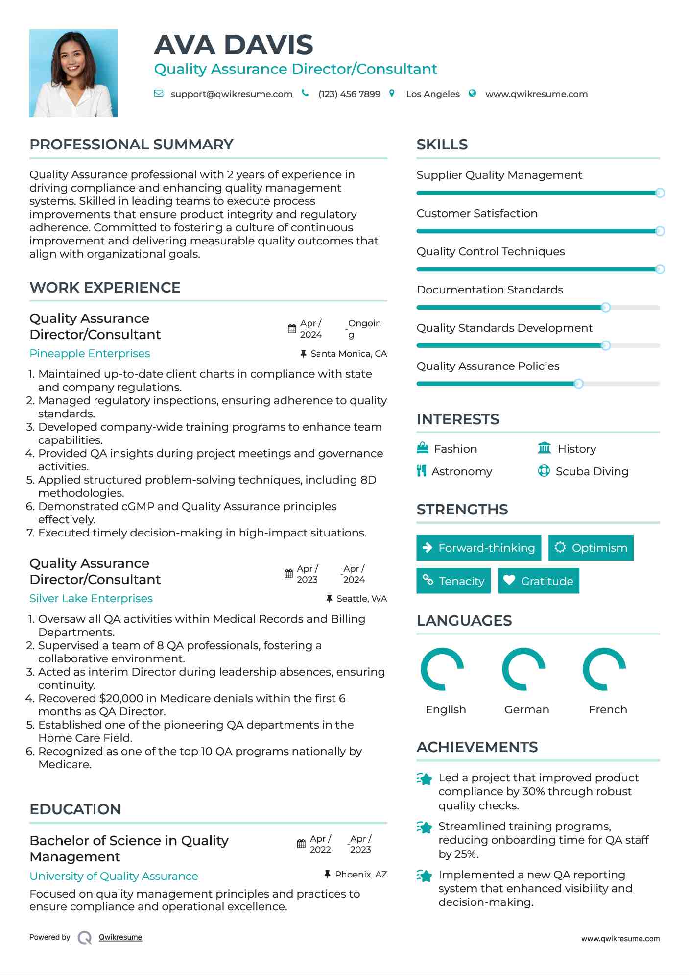 Quality Assurance Director/Consultant Resume Template