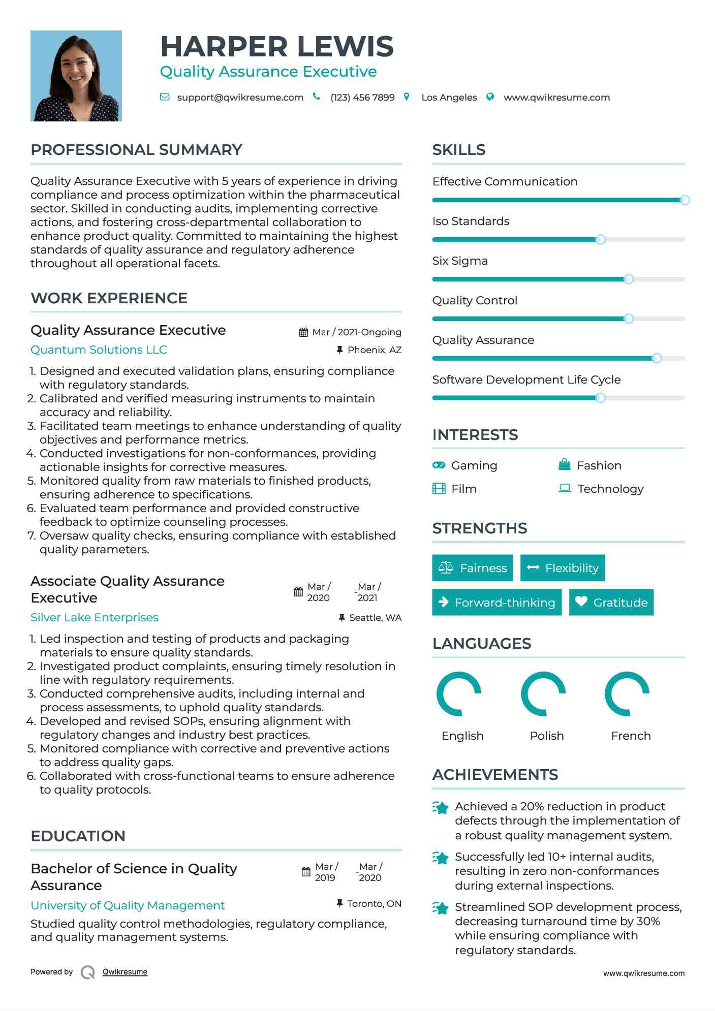 Quality Assurance Executive Resume Example