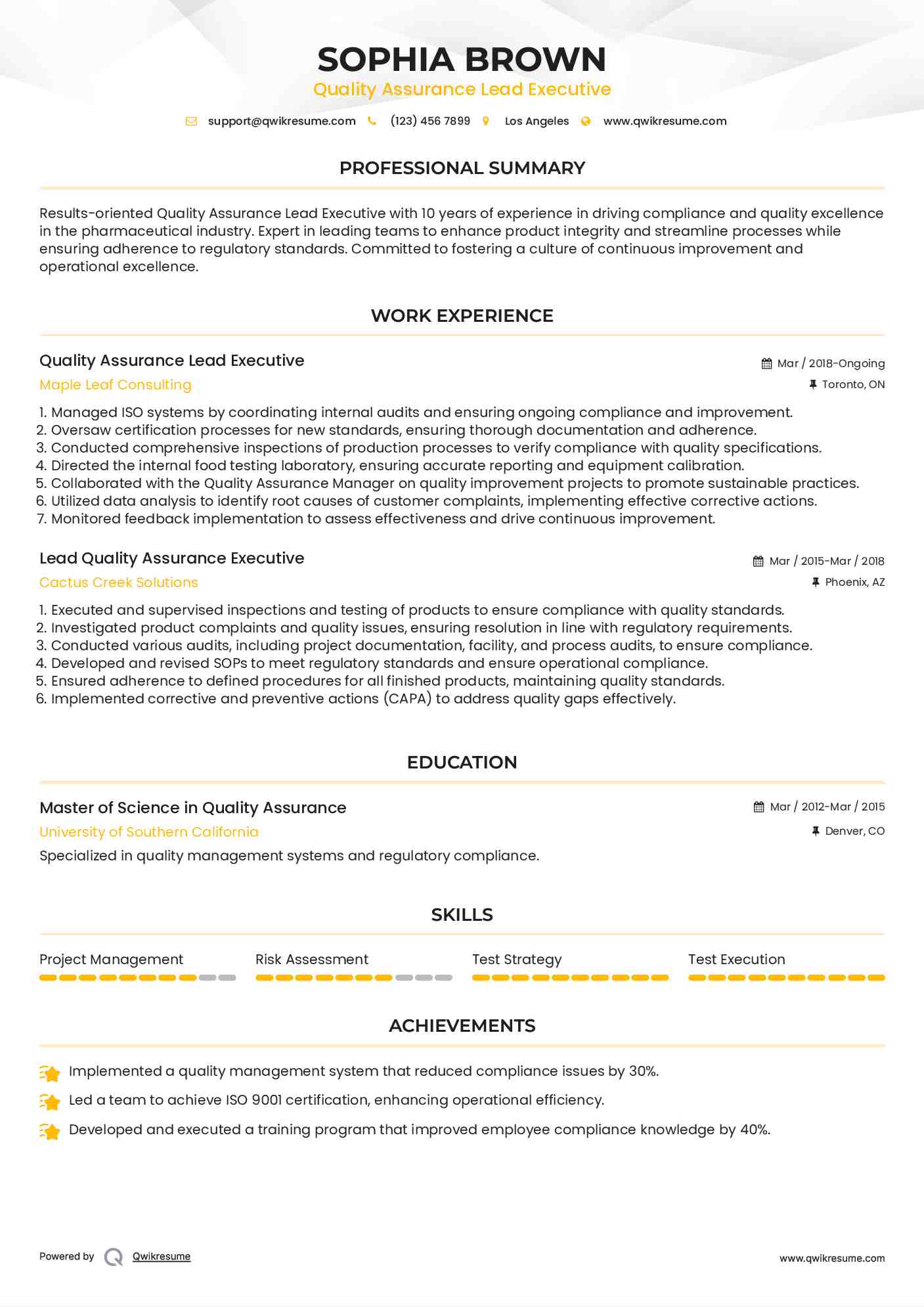 Quality Assurance Lead Executive Resume Format