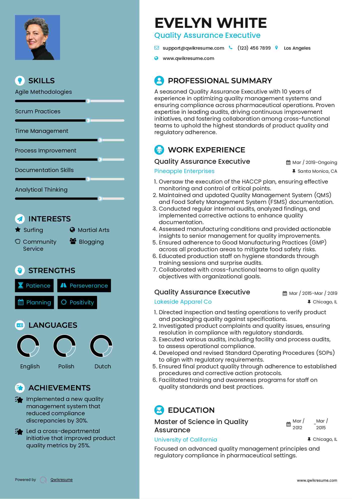 Quality Assurance Executive Resume Sample