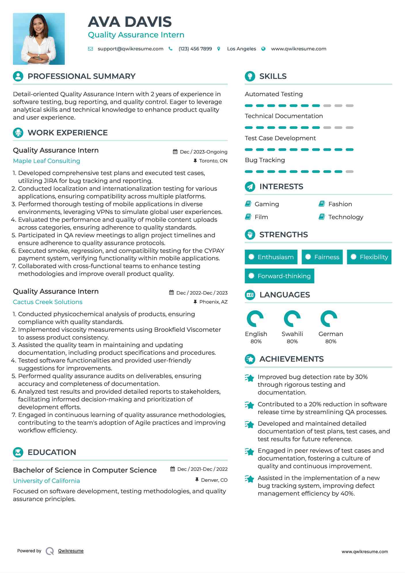 Quality Assurance Intern Resume Model