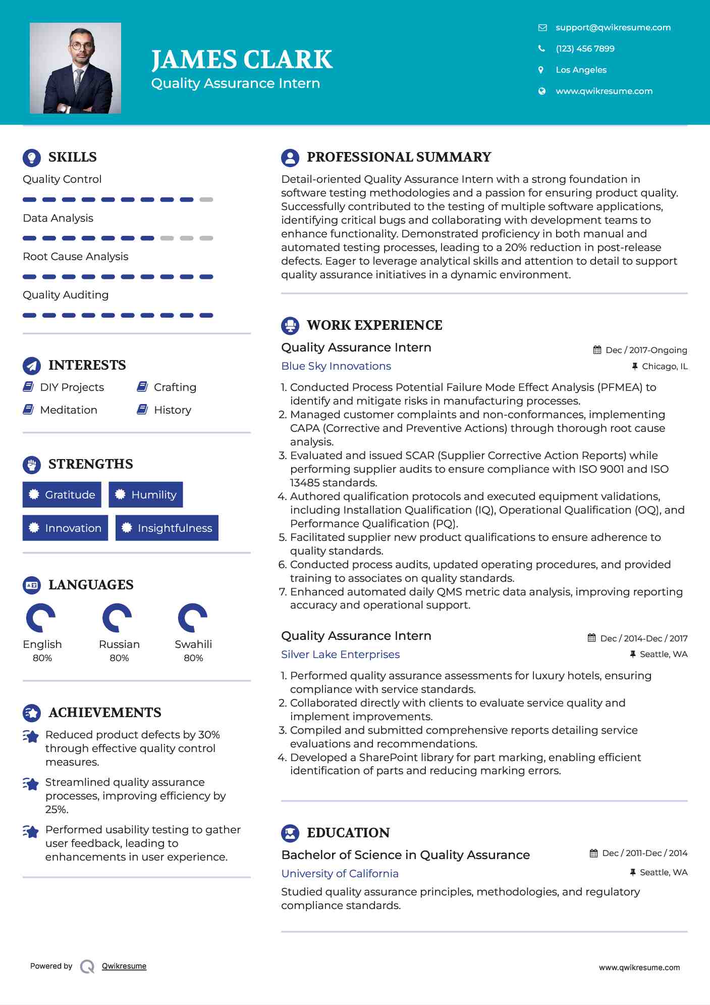 Quality Assurance Intern Resume Sample