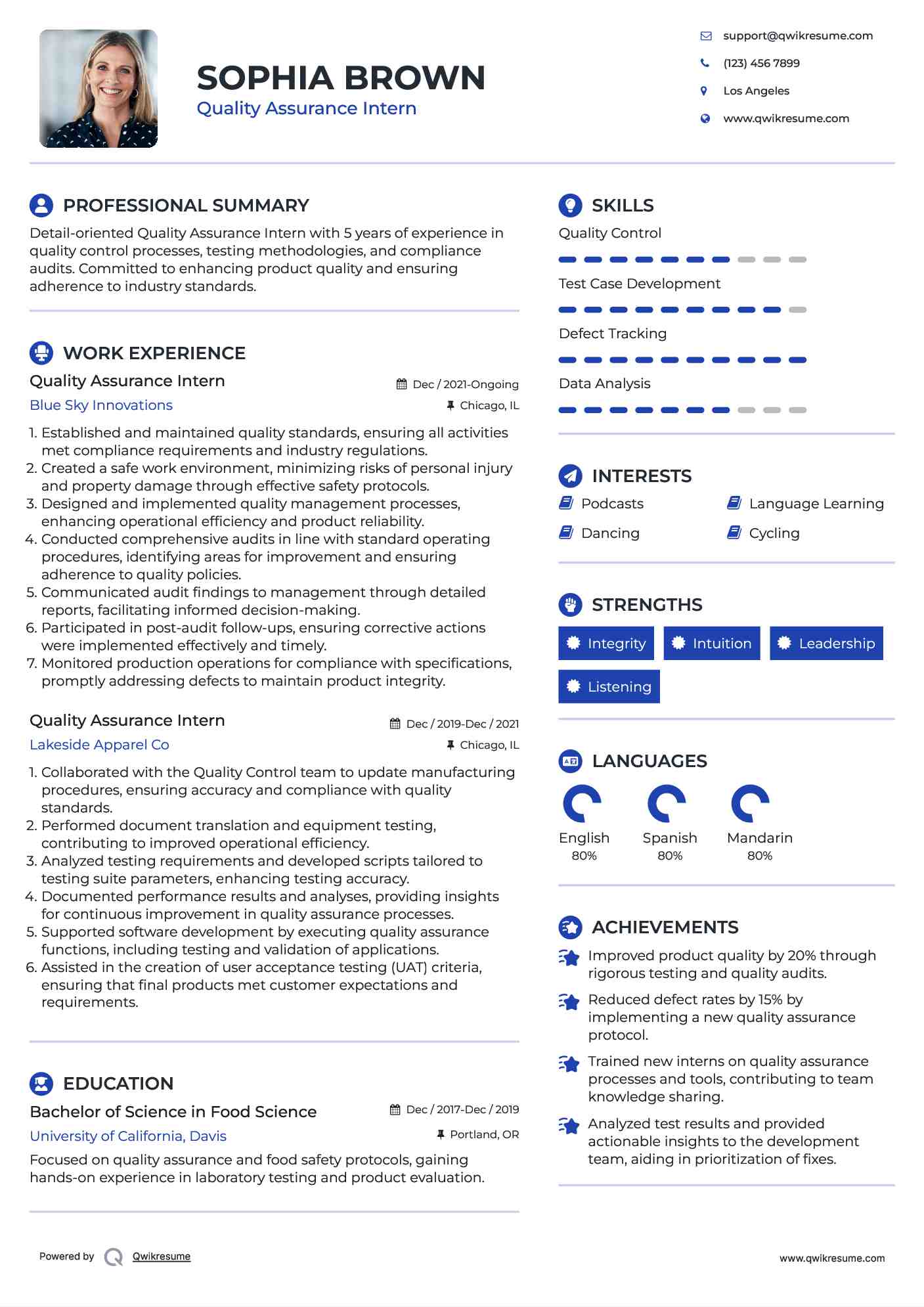 Quality Assurance Intern Resume Format