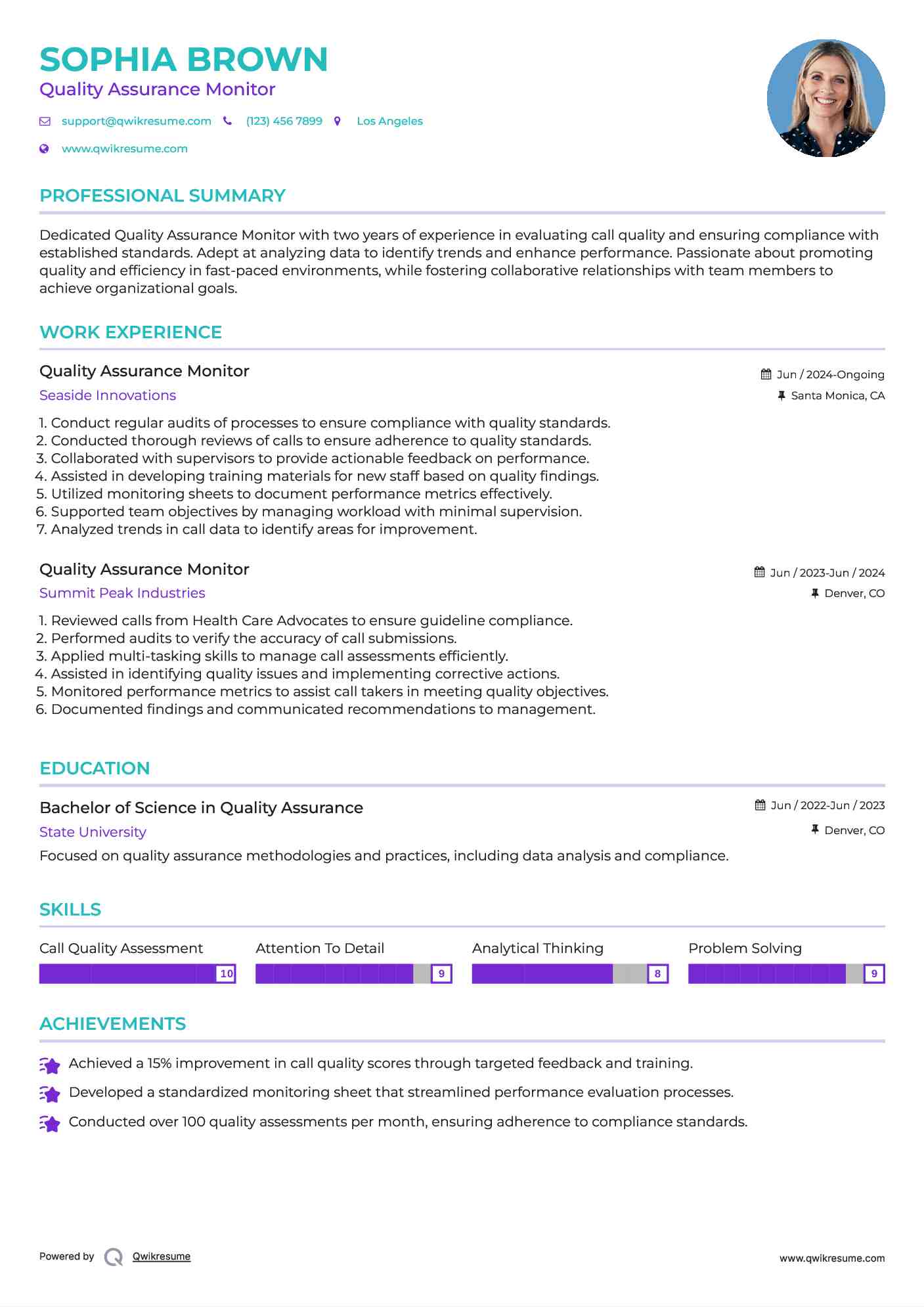 Quality Assurance Monitor Resume Model