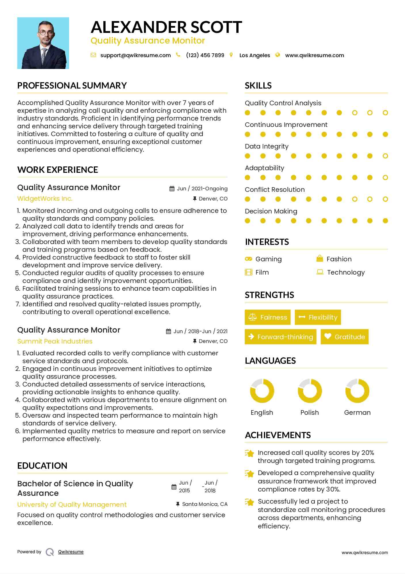 Quality Assurance Monitor Resume Example