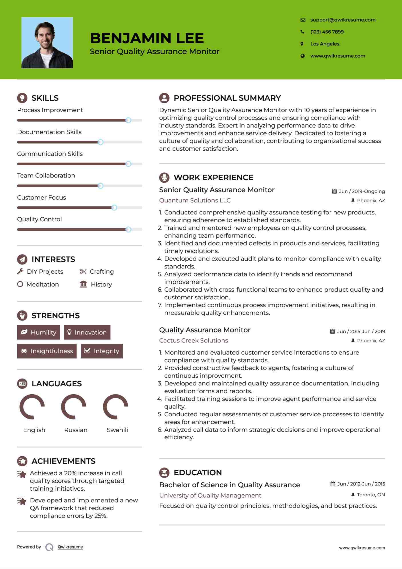 Senior Quality Assurance Monitor  Resume Model