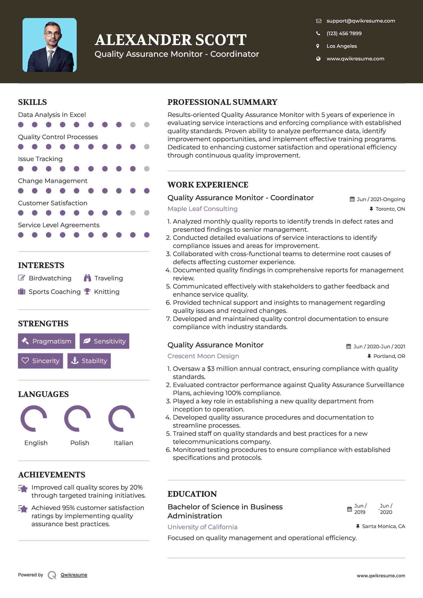 Quality Assurance Monitor - Coordinator Resume Sample