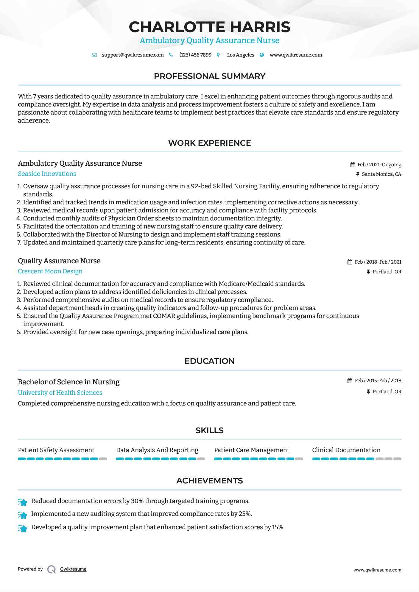 Ambulatory Quality Assurance Nurse Resume Template