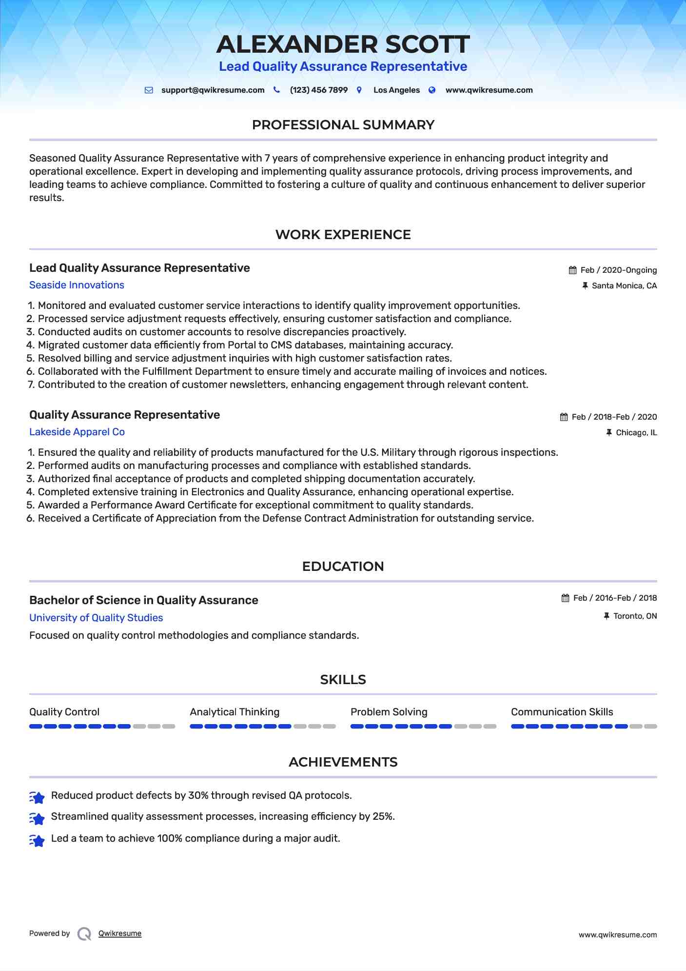 Lead Quality Assurance Representative Resume Sample