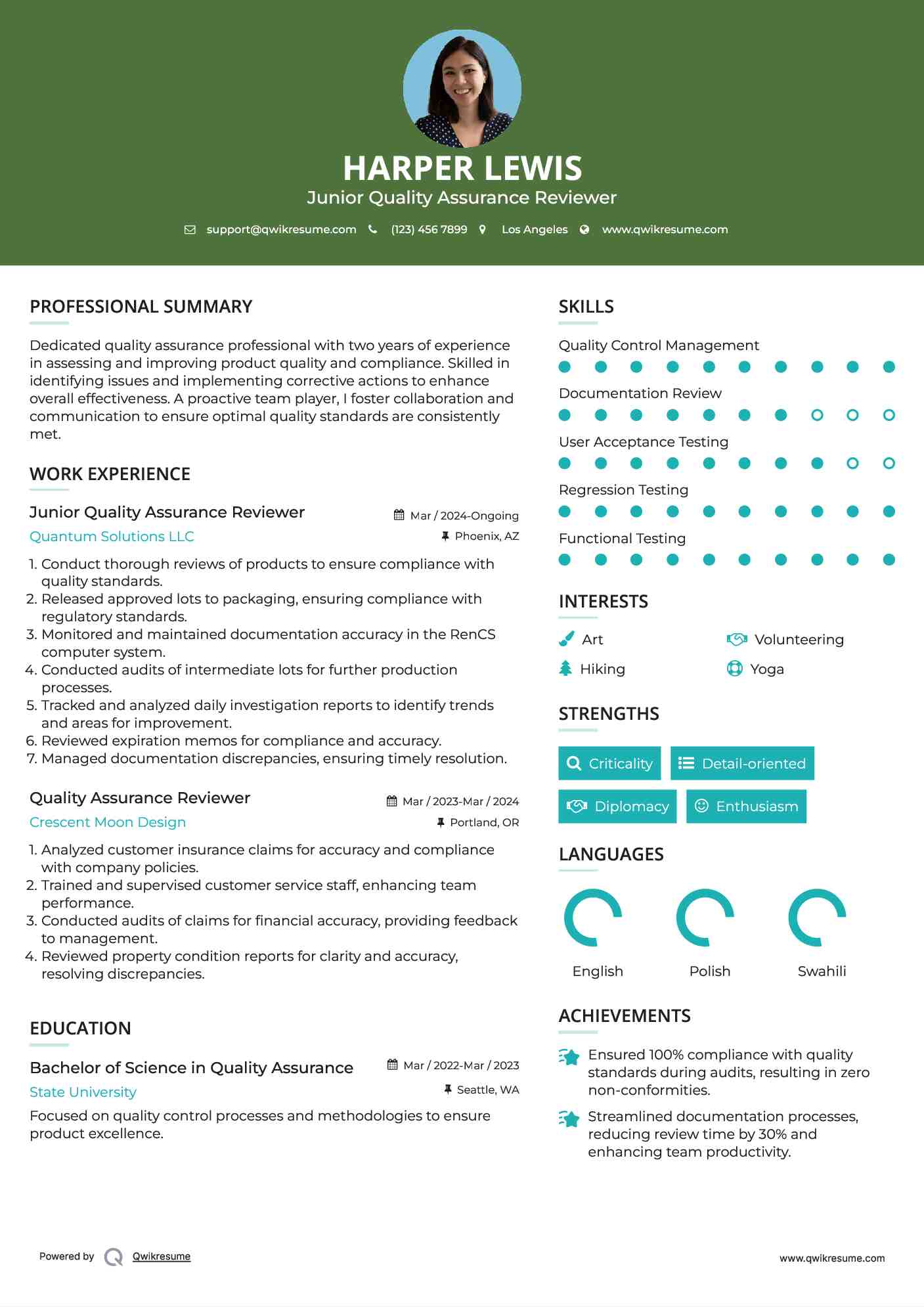 Junior Quality Assurance Reviewer Resume Example