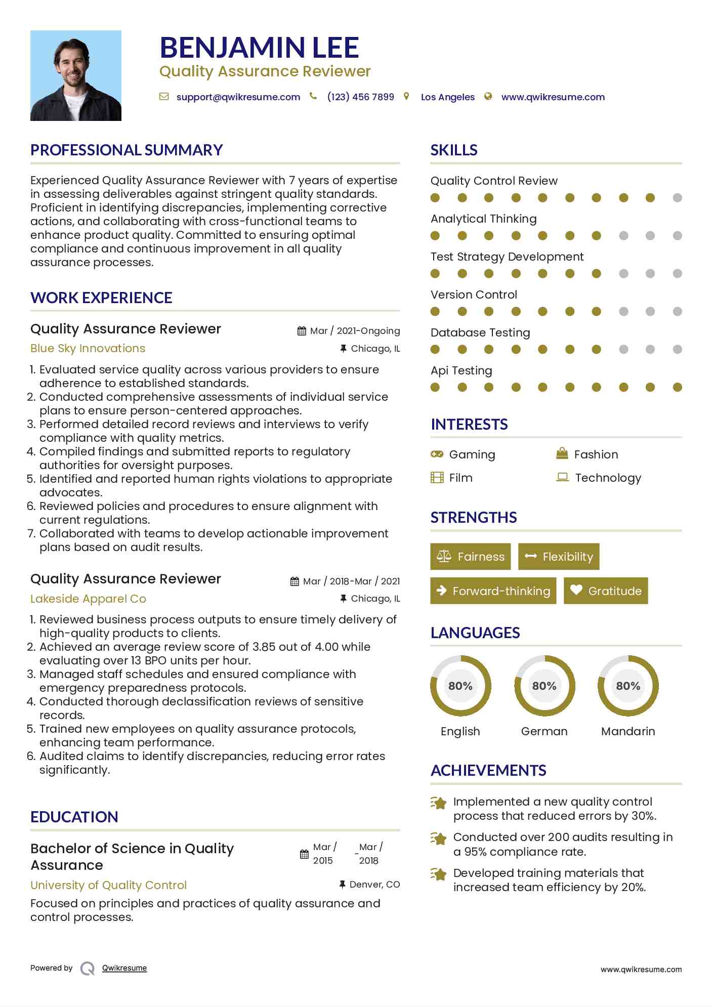 Quality Assurance Reviewer Resume Sample