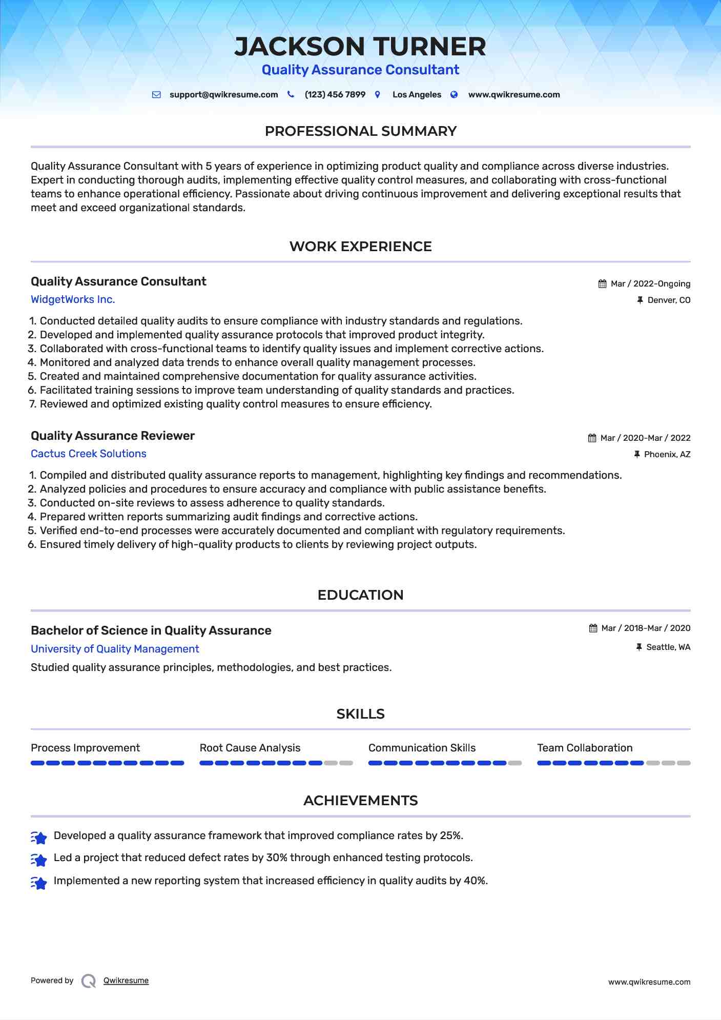 Quality Assurance Consultant Resume Model