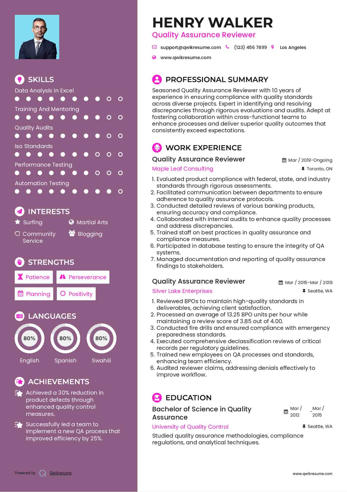 Quality Assurance Reviewer Resume Example
