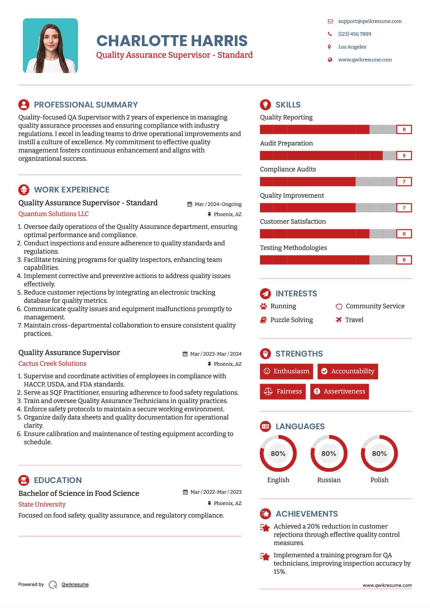 Quality Assurance Supervisor - Standard Resume Example