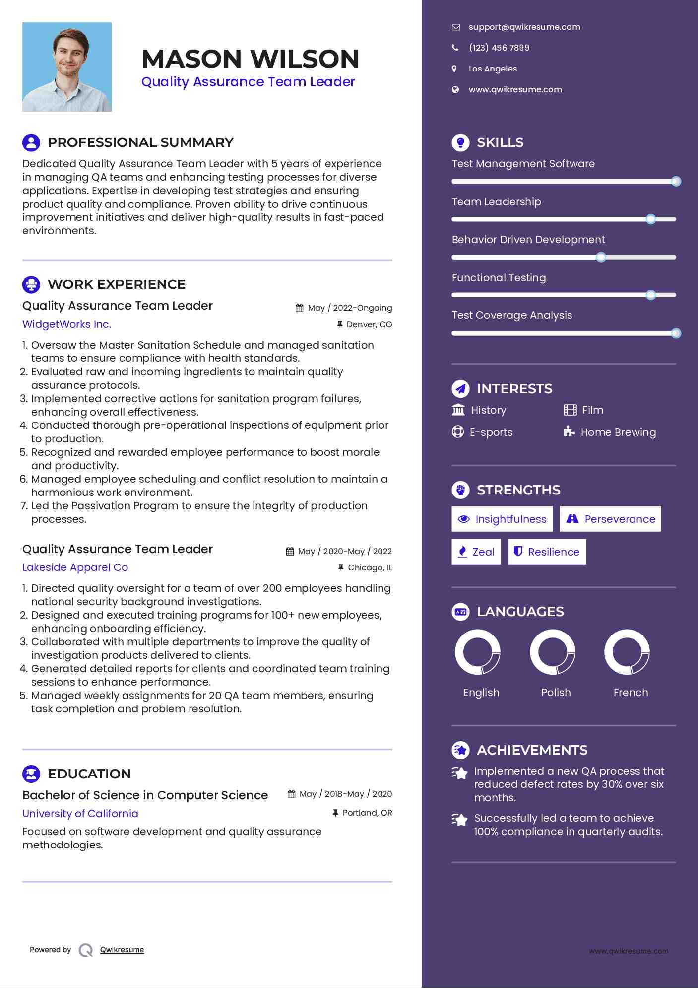 Quality Assurance Team Leader Resume Format