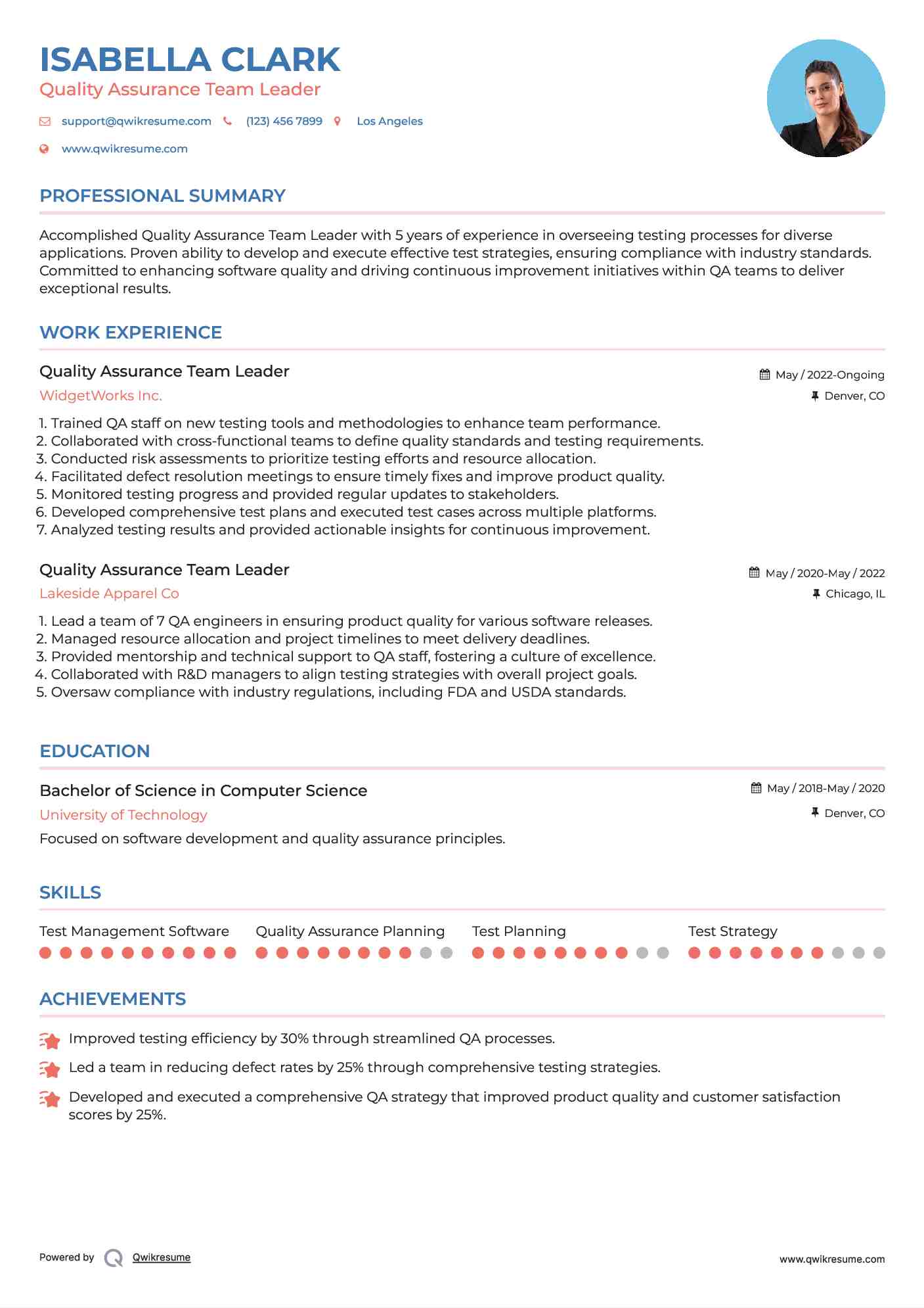Quality Assurance Team Leader Resume Template
