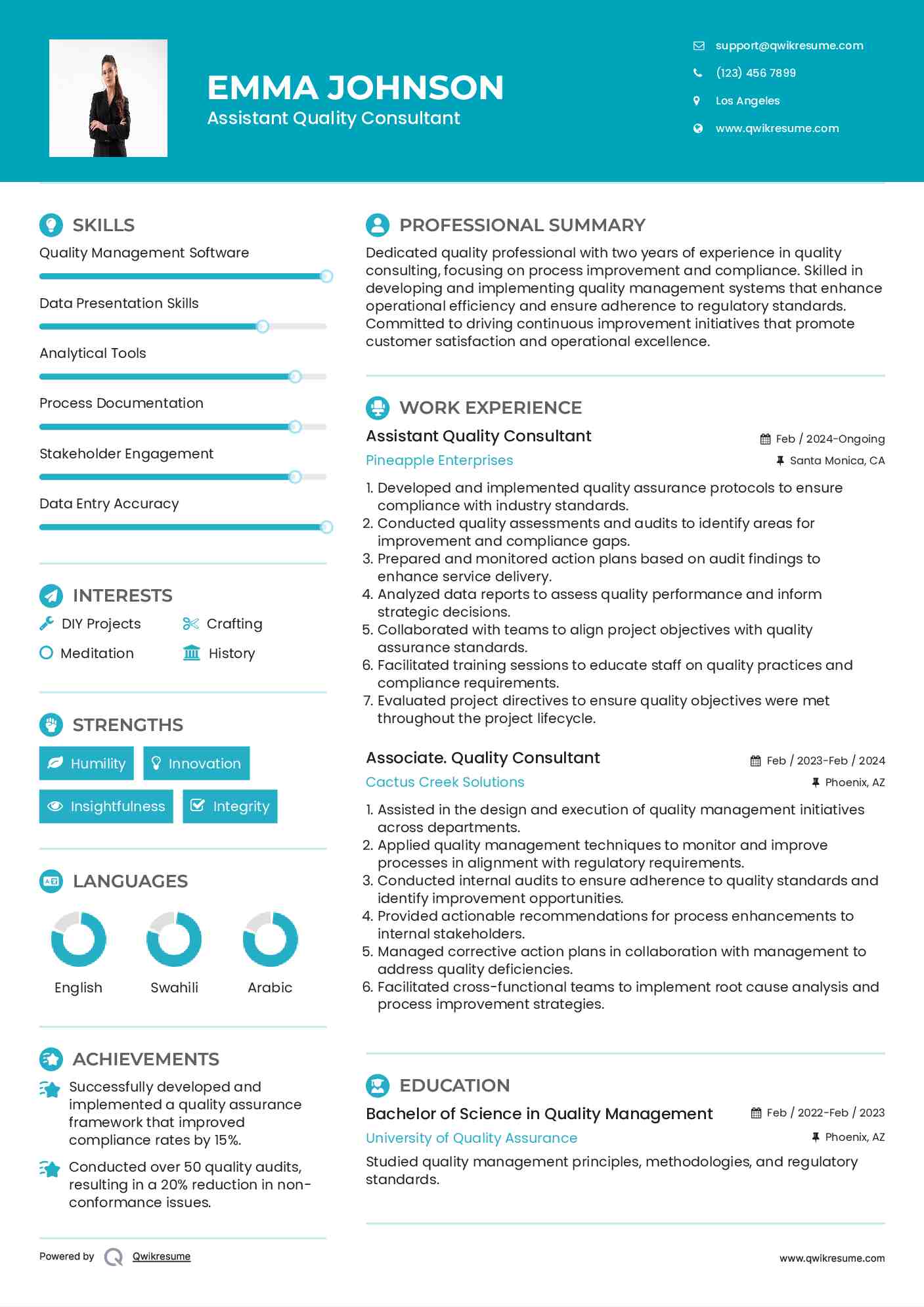 Assistant Quality Consultant  Resume Example