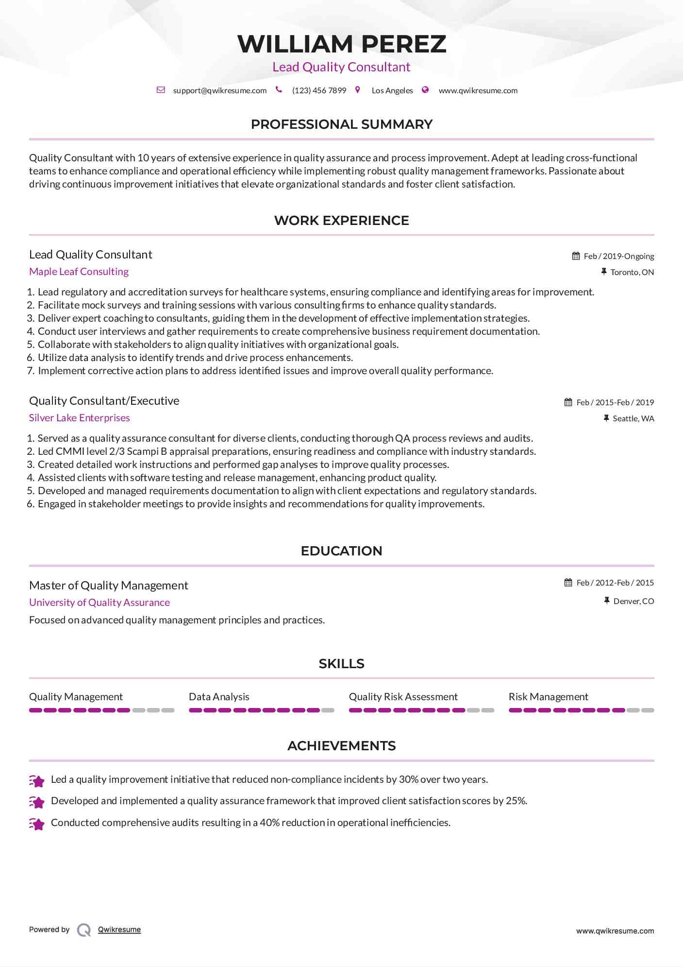 Lead Quality Consultant  Resume Model