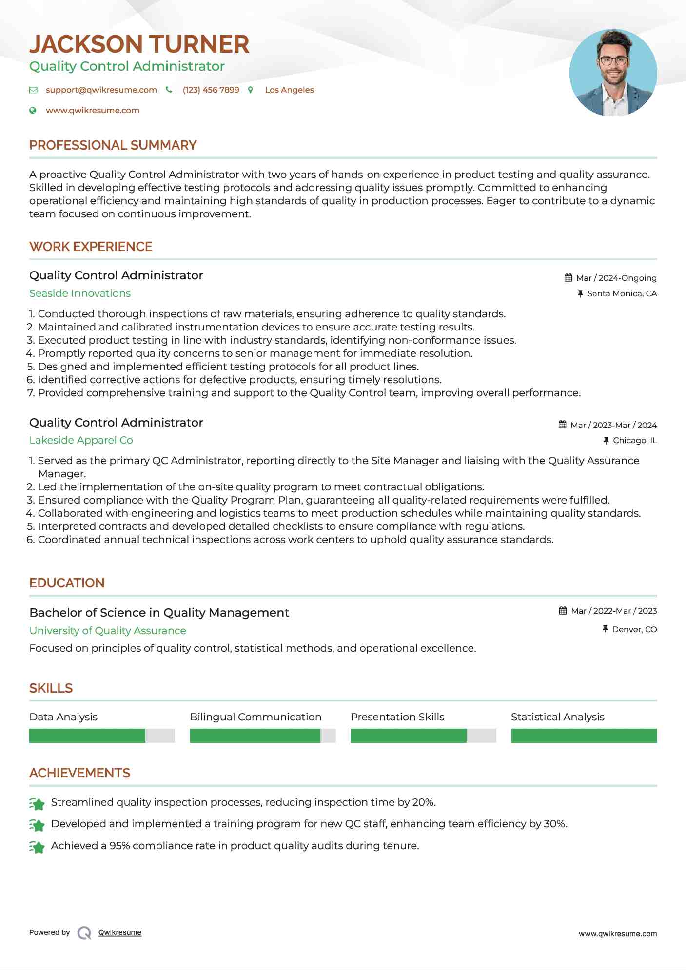 Quality Control Administrator Resume Sample