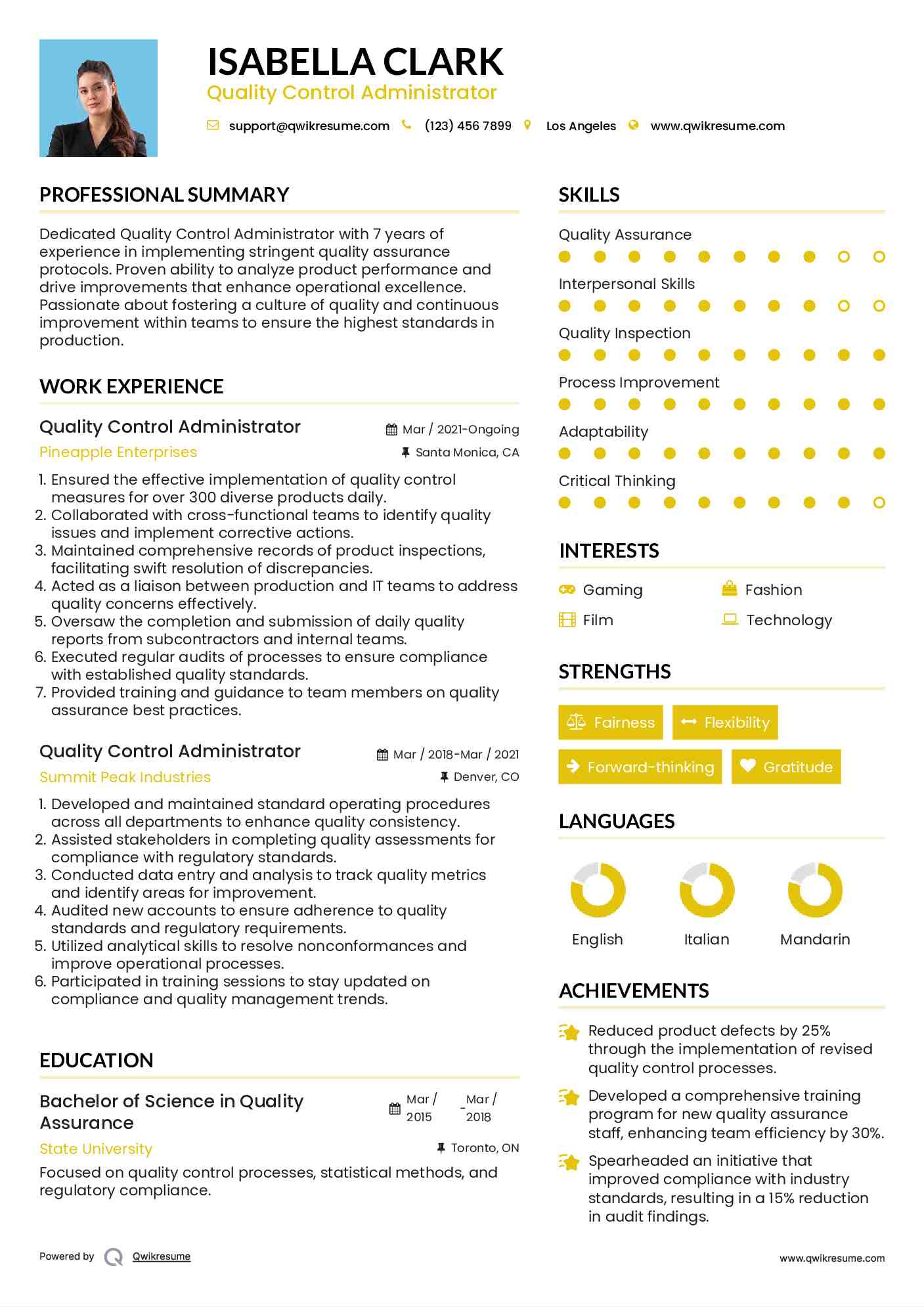 Quality Control Administrator Resume Template