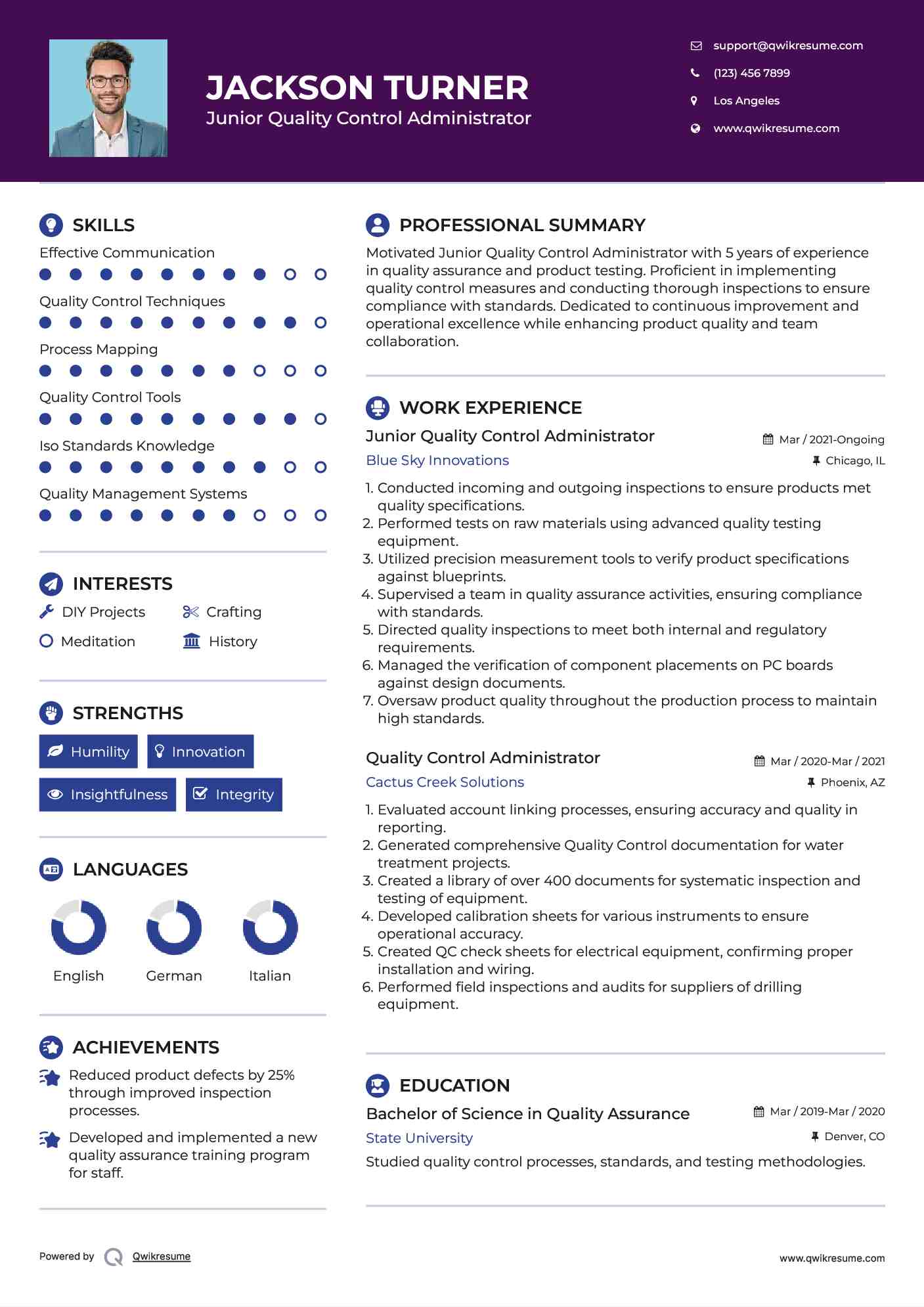 Junior Quality Control Administrator Resume Template
