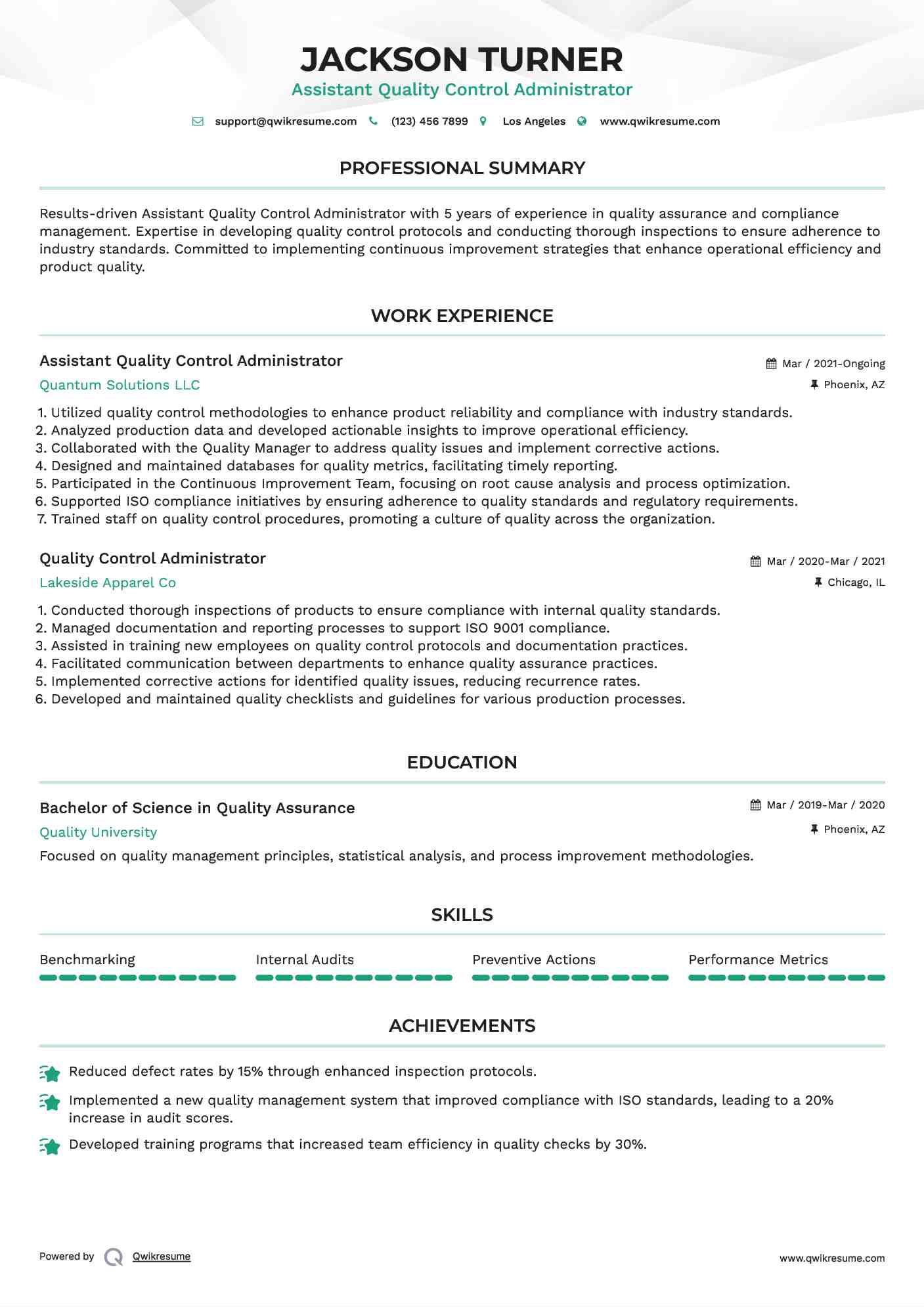 Assistant Quality Control Administrator Resume Template