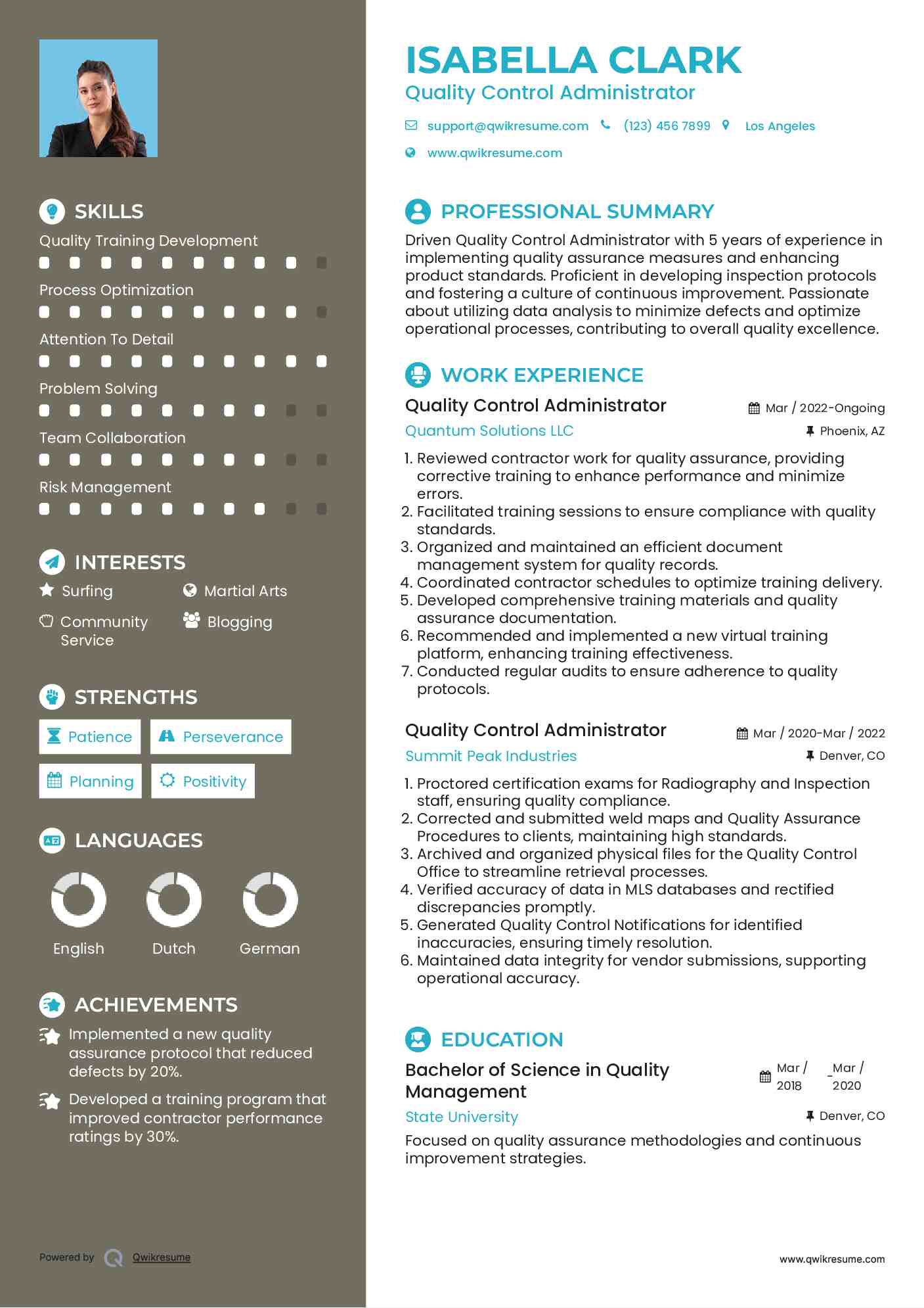 Quality Control Administrator Resume Template