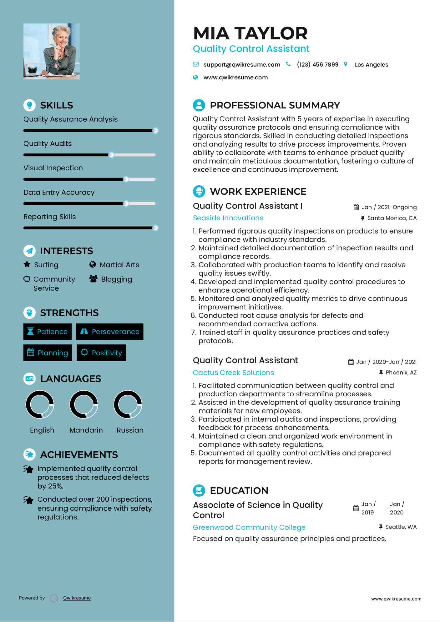 Quality Control Assistant I Resume Template