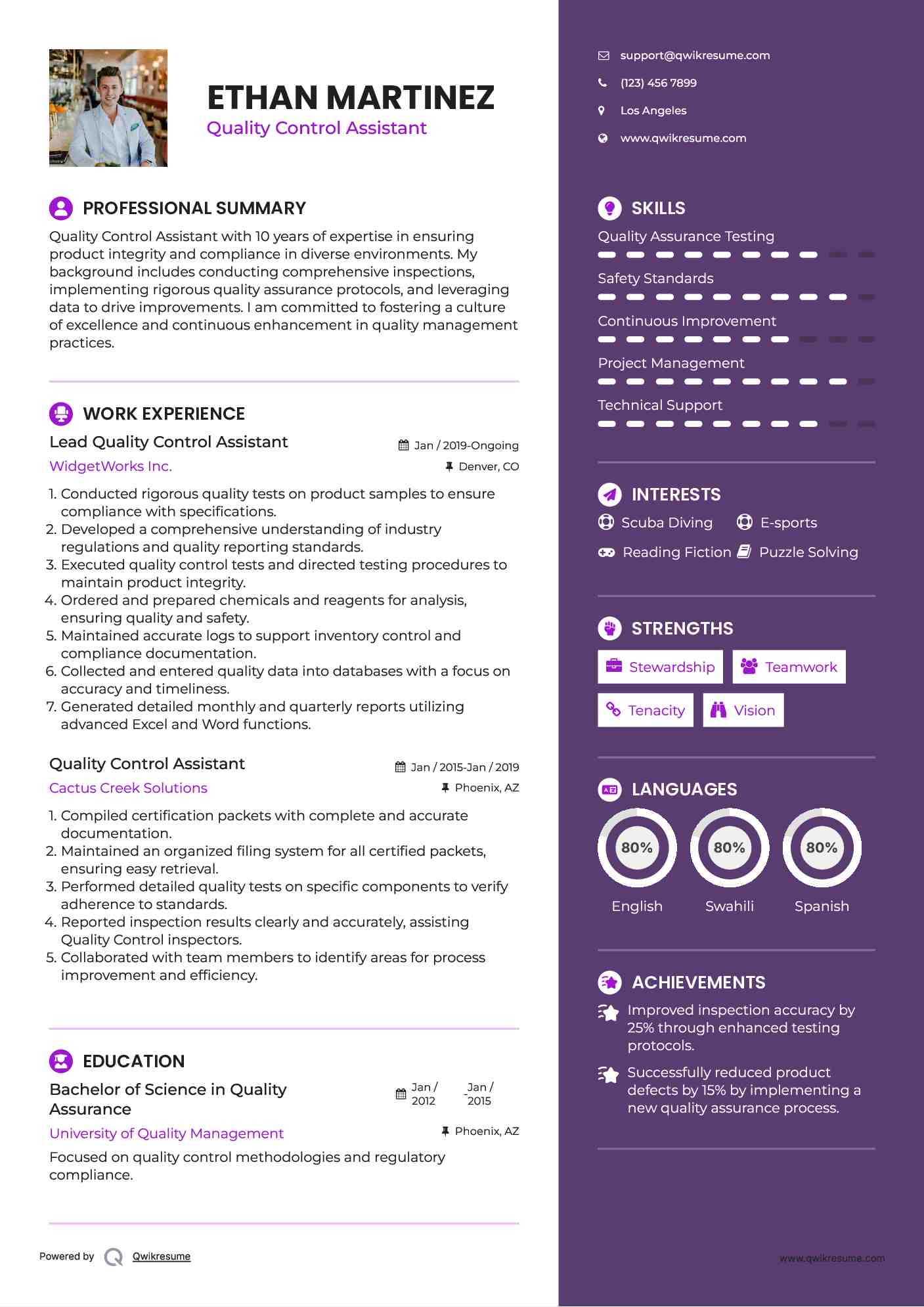 Quality Control Assistant Resume Samples | QwikResume