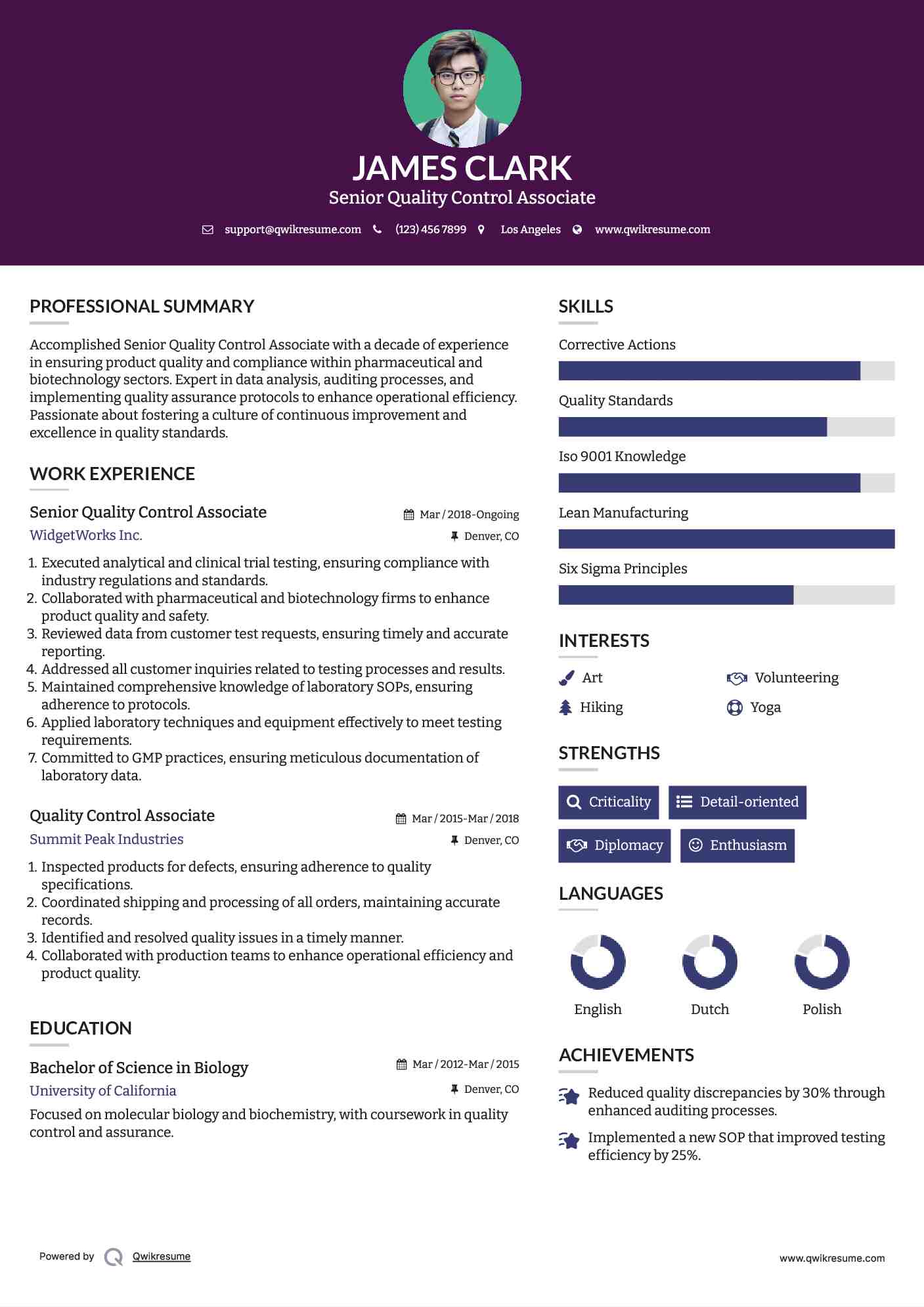 Quality Control Associate Resume Samples QwikResume