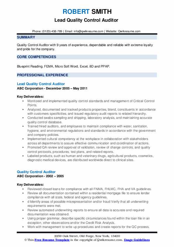 Quality Control Auditor Resume Samples QwikResume