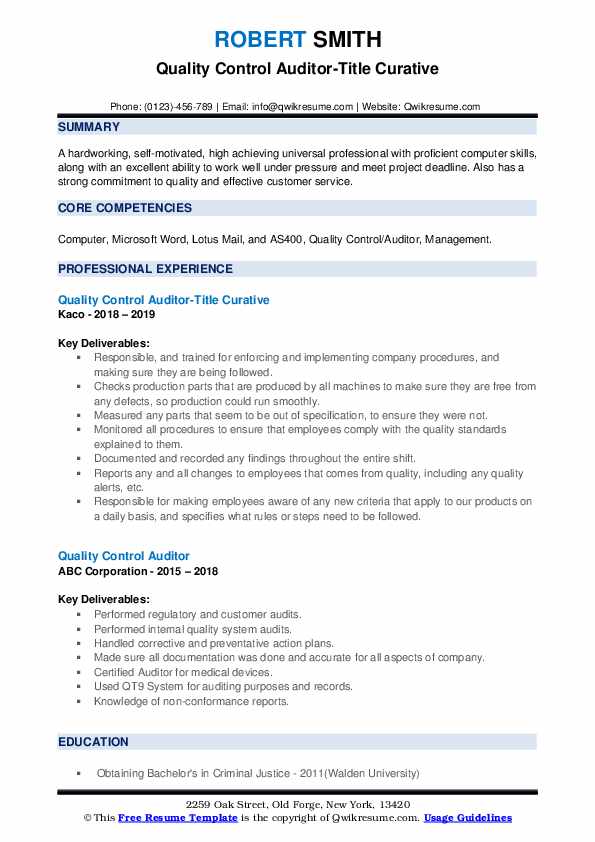 Quality Control Auditor Resume Samples QwikResume