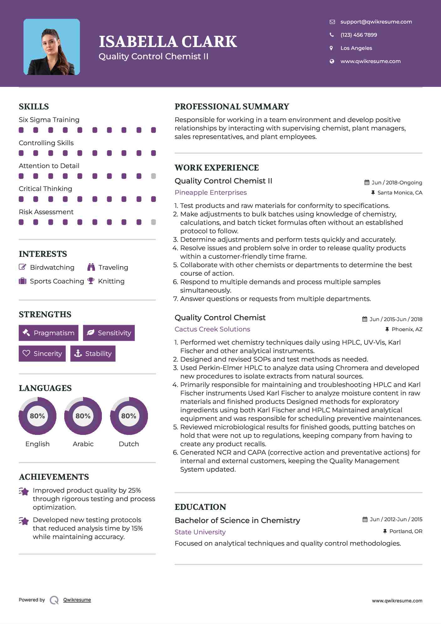 Quality Control Chemist II Resume Example