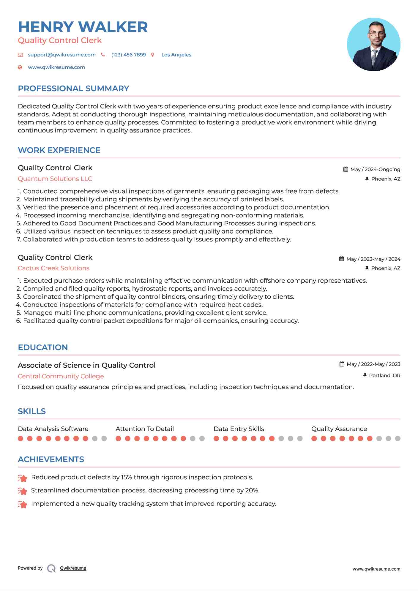 Quality Control Clerk Resume Sample