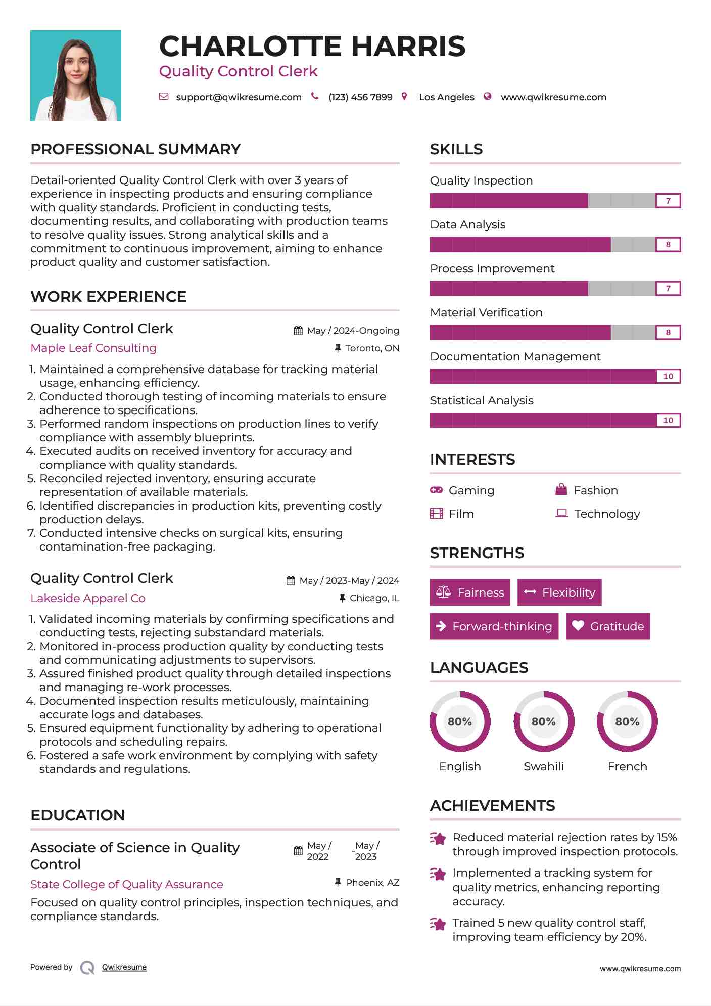 Quality Control Clerk Resume Format